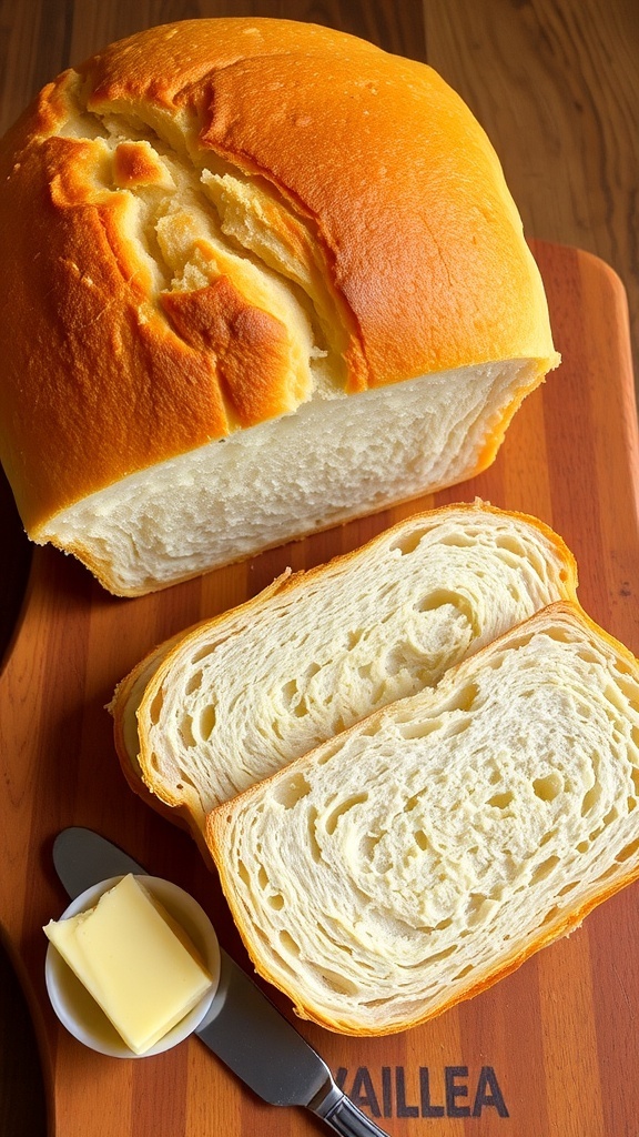 Freshly baked sandwich bread loaf on a cutting board, sliced to show soft texture, with butter on the side.